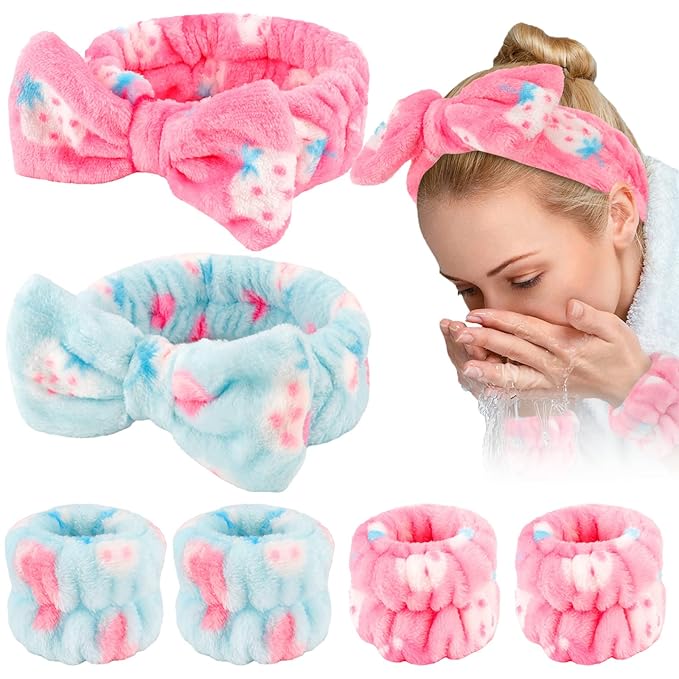 WHAVEL 6PCS Spa Headband and Wristbands Set, Face Wash Headband Wrist Bands for Washing Face Makeup Skincare Hair Band Skin Care Accessories Tools