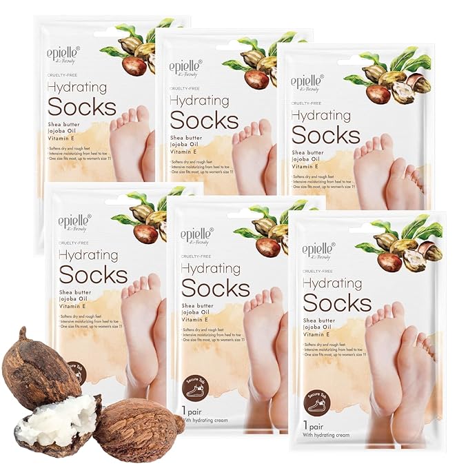 Epielle Hydrating Foot Mask 6 Pairs, Relieve and Soften with Shea Butter & Jojoba Oil, Deep Moisturizing Socks for Dry, Cracked Feet, Self Care Gifts for Women, Spa Kit, Mothers Day Gifts