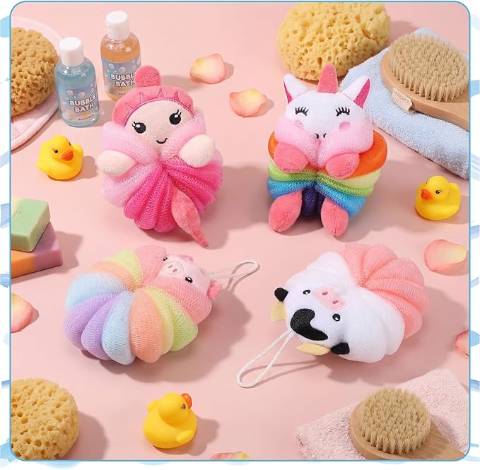 Tatuo 4 Pcs Animal Bath Loofahs Kids Body Loofah Cartoon Shower Cute Bath Sponge Pouf Body Scrubbers Mesh Sponge for Toddler Children Boys Girls Shower Baby Washing Exfoliating (Cute Girls)