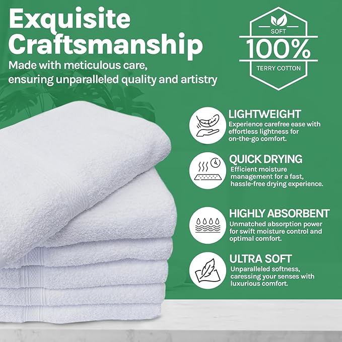 Towels N More 12 Pack 20x40 White Gym Towels, Small Bath Towels for Bathroom, Salon, Hair Dry, Spa Quality Extra Soft Towel Made from Premium Ring Spun Cotton