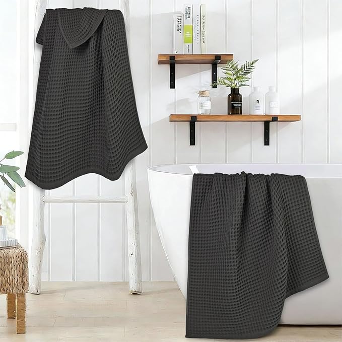 Jacquotha Waffle Bath Towels 2-Piece (Dark Grey) - Cotton, Soft, Quick Dry, 31” x 62” Large Bath Towel for Bathroom, Shower, Spa