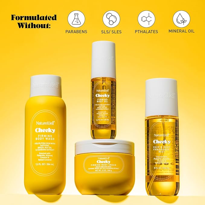 NATURE WELL Cheeky Firming Body Oil, Luxuriously Glowy & Fast-Absorbing Formula Designed to Nourish, Firm, & Visibly Smooth Skin, Scented with Pistachio, Almond, Coconut, & Salted Caramel, 3.4 Oz