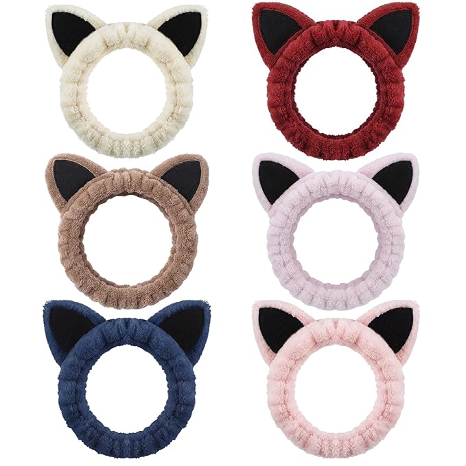 6-Pack Cat Ears Headbands Soft Coral Fleece Hair Band for Face Washing, Makeup, Skincare, Spa, Multi-Color Animal Headbands for Women and Girls Gift