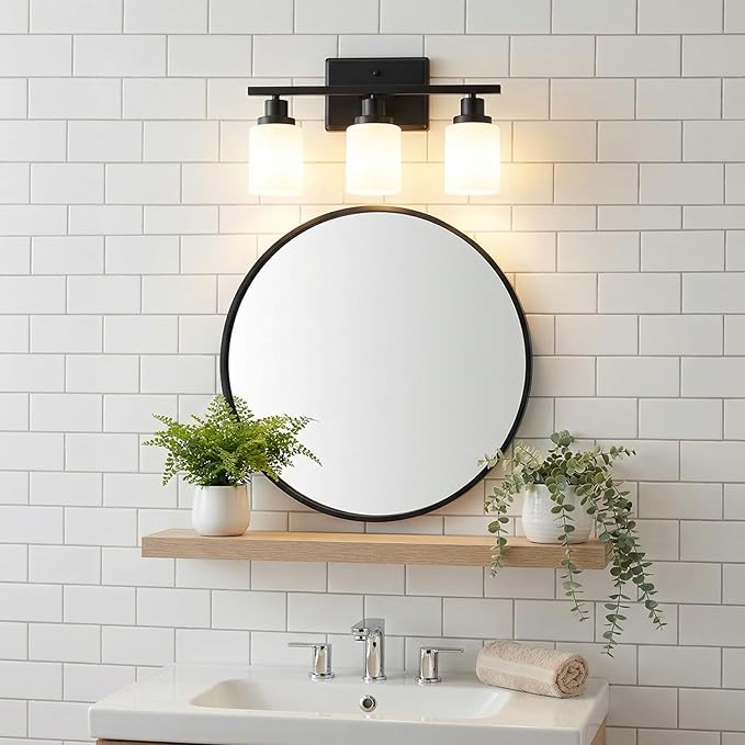 Ascher Bathroom Light Fixtures, 3-Light Vanity Light Over Mirror, Modern Matte Black Wall Sconces with Milky White Shades, Wall Lamp for Kitchen Hallway Cabinet Porch E26 Base