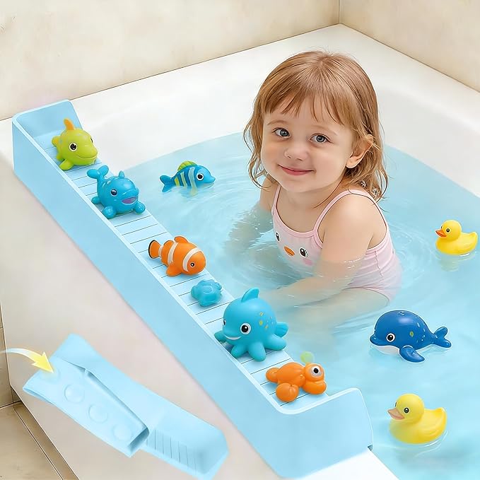 Bathtub Splash Guard for tub Kids& Bath Shelf for Kids – Toddler Bath Tray, Bath Toys Storage & Ledge Organizer – Splash Guard for Bathtub with Suction Cups – Kids Bathroom Accessories(2.6FT, Blue)