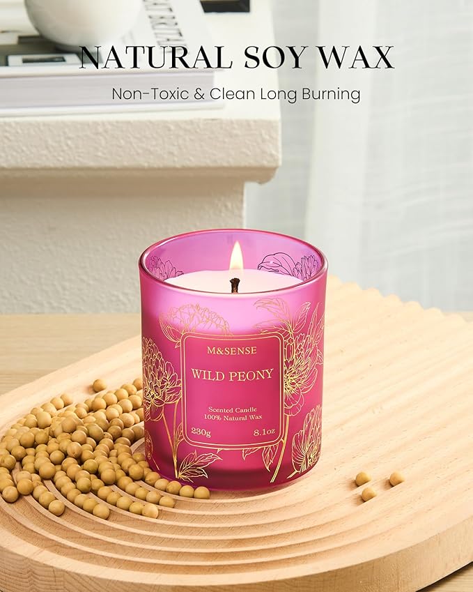 M&SENSE Wild Peony Floral Natural Soy Scented Candle, 7.8oz 42H Non-Toxic Long Burning, Romantic Home Fragrance, Perfect for Moms for Wife & Her