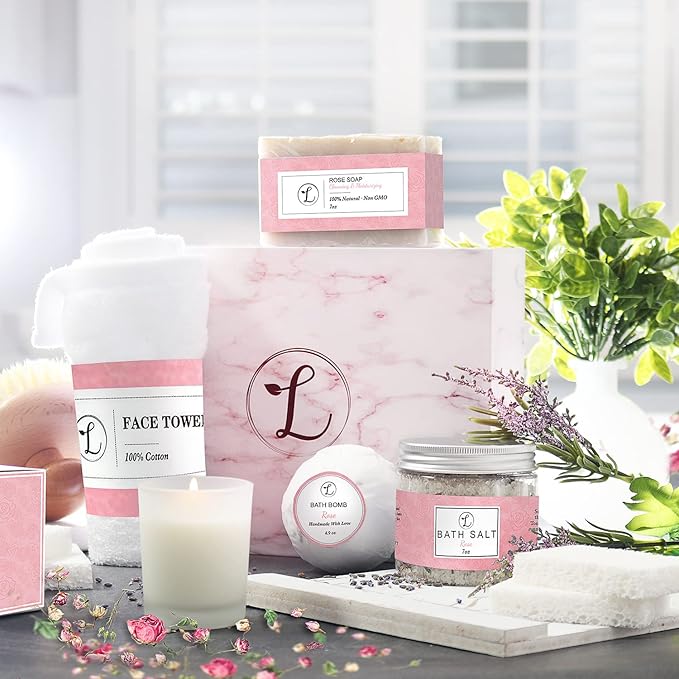 Spa Gift Set 100% Natural, Gift Box Includes: Bath Bomb, Bath Salt, Hand Soap, Scented Candle, Face Cloth and Gift Box. Best Gift for Her. (Rose)