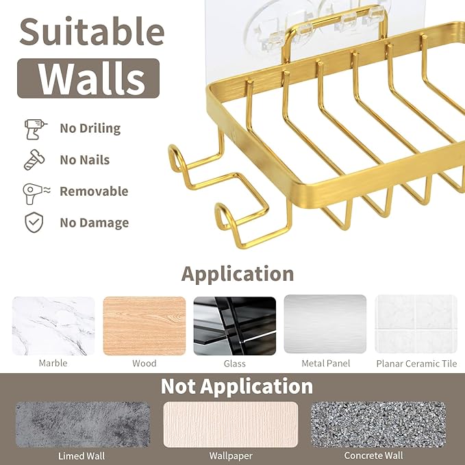 Snailhouse Soap Dish for Shower, Wall Self Draining Adhesive Hanging Stainless Steel Bathroom Bathtub Bar Soap Holder Tray Caddy with 2 Hooks, Gold
