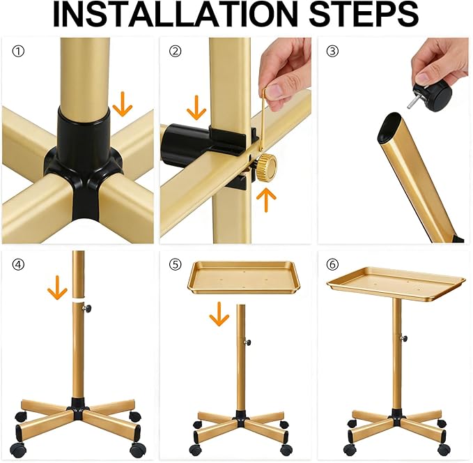 Salon Rolling Tray, Height Adjustable Tattoo Tray Rolling Cart, Storage Utility Trolley for Spa, Beauty Salon Service, Hairdresser Cart with Wheels, Black (Gold)
