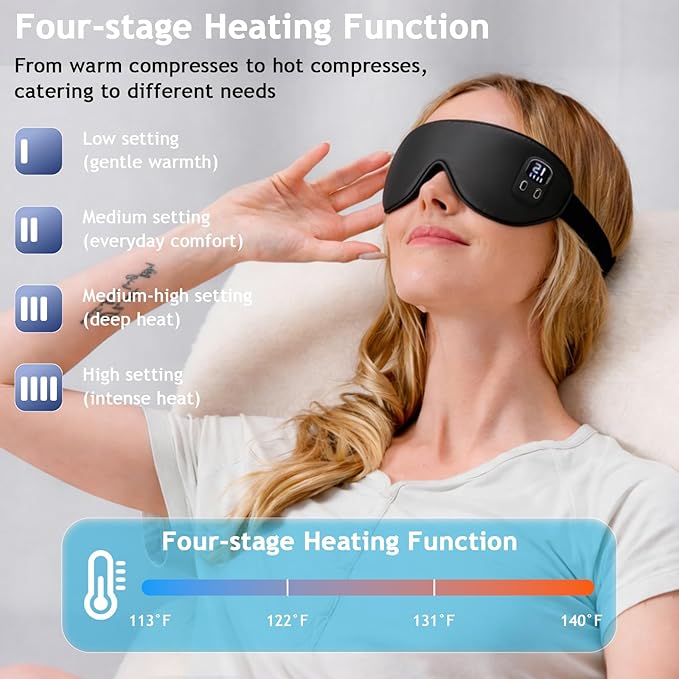 Cordless Heated Eye Mask, Rechargeable Sleep Mask with 4 Heat Levels, Timer, Light Blocking Design, Washable Cover, Soft Eye Mask for Daily Relaxation
