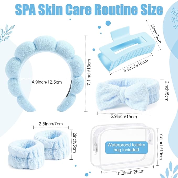 SPA Headbands and Wristband Set for Face Washing with Clear Bag Cute Skincare Makeup Headband Wrist Bands Hair Clips for Women Teenage Girls Gifts Trendy Stuff Blue