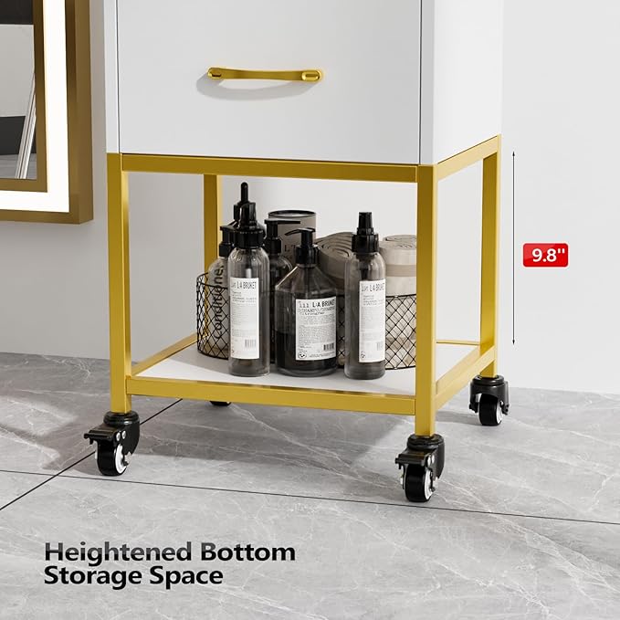 OmySalon Salon Storage Trolley Cart, White Gold Salon Station for Stylist, Beauty Wooden Hair Cabinet with Dryer Holder & Drawer, Hairdressing Tools Organizer Equipment for Spa Barbershop