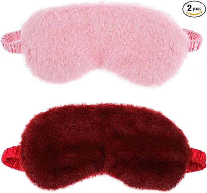2 Pcs Plush Eye Mask Soft Sleeping Blindfold Eye Cover Comfortable Furry Faux Fur Sleeping Mask Satin Nap Night Eyeshade Cover for Women Men Gift (Pink, Red)