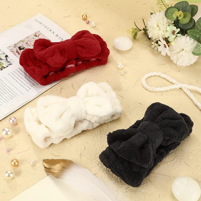 3 Pieces Towel Headbands for Women Makeup Headband for Washing Face Makeup Spa Headband, Microfiber Bowtie Shower Headband for Women(Red, Black, White)