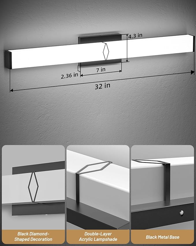 Modern Bathroom Light Fixtures,32inch Dimmable Bathroom Vanity Lights Over Mirror, 32W 3600LM LED Vanity Lights,5700K Matte Black Vanity Lighting Fixtures,ETL Certified Cool White