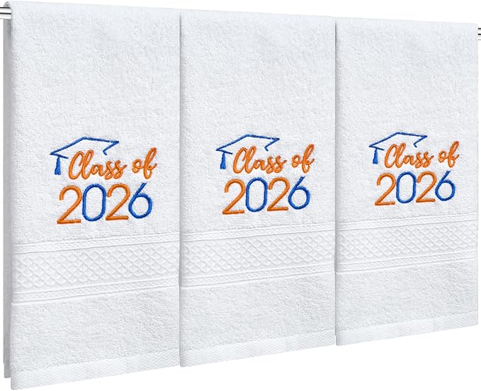 MASHAN Class of 2026 Graduation Hand Towels 3 Pack,100% Cotton Soft Absorbent Bathroom Towels,Senior 2026 Graduation Gift for Girls Boys,Blue Orange Decorative Towels 14x30 Inch