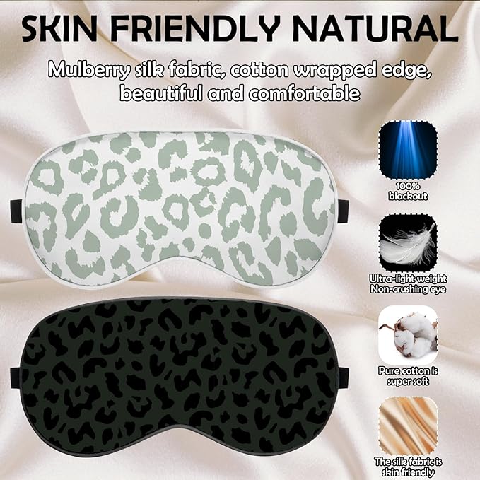 2 PCS Sleep Eye Mask Silk Sleeping Soft with Elastic Strap Eye Sleep Shade Cover for Cute Aesthetic Unisex Women Girls for Airplane Travel Nap-Black White Leopard