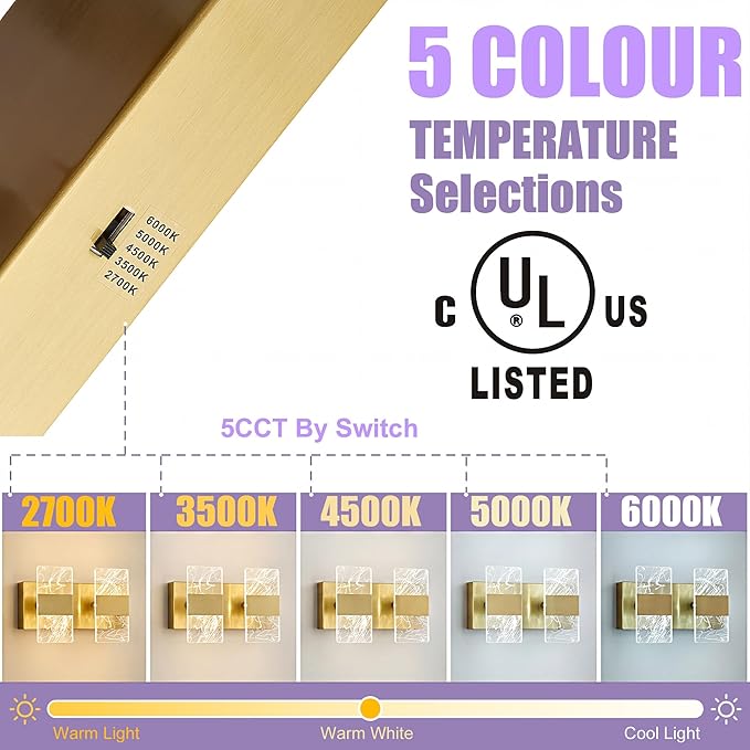 Modern LED Bathroom Light Fixtures Dimmable 2-Light Gold Vanity Light, 5CCT Adjustable Lighting Fixture Vanity Lights Over Mirror, Smoked Acrylic LED Vanity Lights for Bathroom
