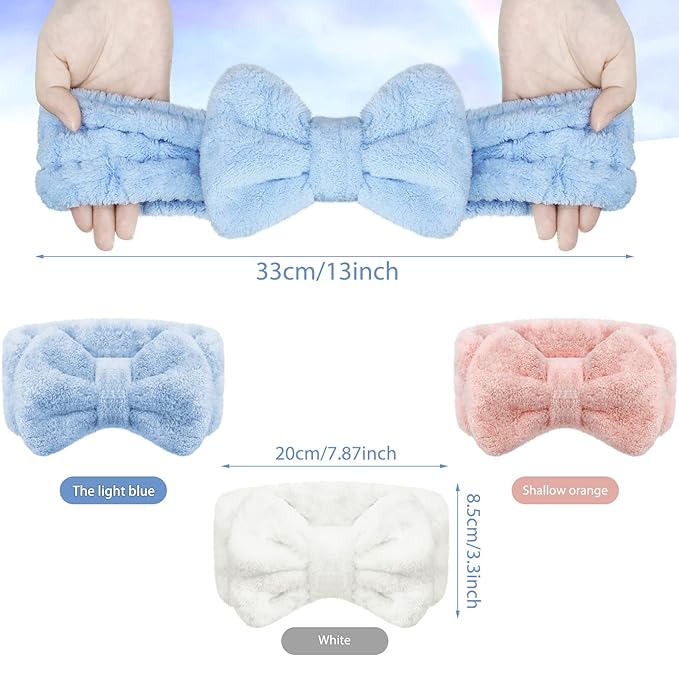 Hicarer 3-Piece Towel Headbands for Women - Microfiber Spa & Sports Headband with Cute Bowtie Design (Light Orange, Blue, White)