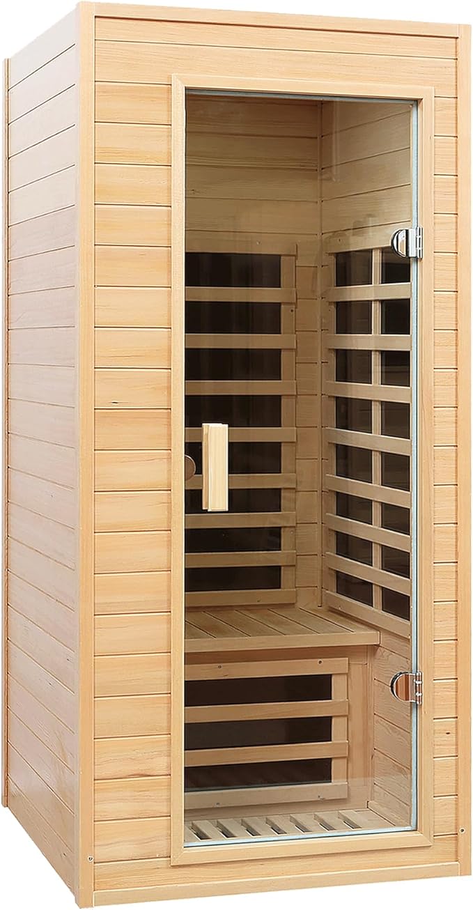 Far Infrared Sauna, 1 Person Infrared Sauna, Canadian Hemlock Wood 1290W Low-EMF Infrared Saunas for Home with Bluetooth Speakers, Reading Lamp