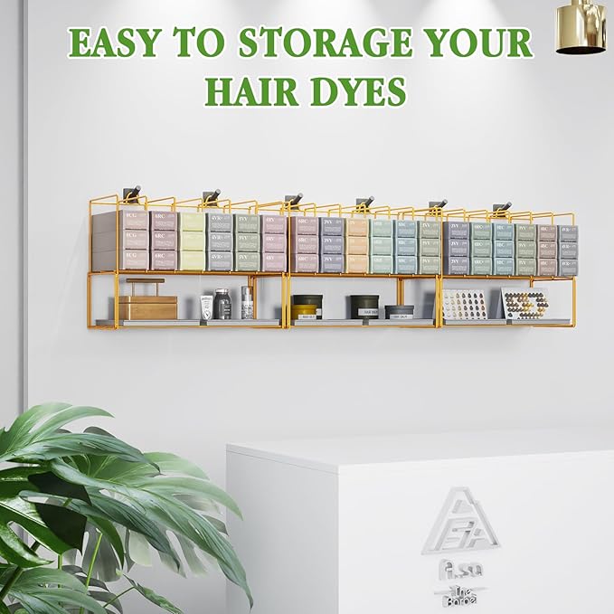2 Pack Hair Color Organizer Hair Color Display Rack Wall Mounted Dye Storage Racks for Salon Storage Rack Hairs Dye Tube Storage Display Rack for Stylists Spa Beauty Home, Gold