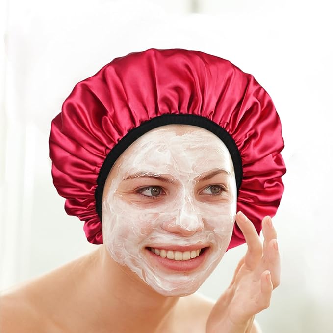 Three-Layer Terry Cloth Lined Satin Shower Cap, with Silk Hair Ties, Microfiber Waterproof Reusable Large Size Shower Cap for Women Long Thick Hair (Claret)