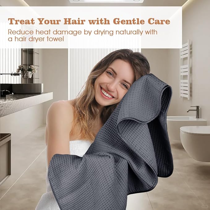 GLIMGLINT 2 Pack Microfiber Hair Towel Wrap for Women Long, Curly Hair, Super Soft Hair Drying Towel, Fast Drying Waffle Hair Towel Wrap with Elastic Strap 40"X26.5" (Grey/Brown)