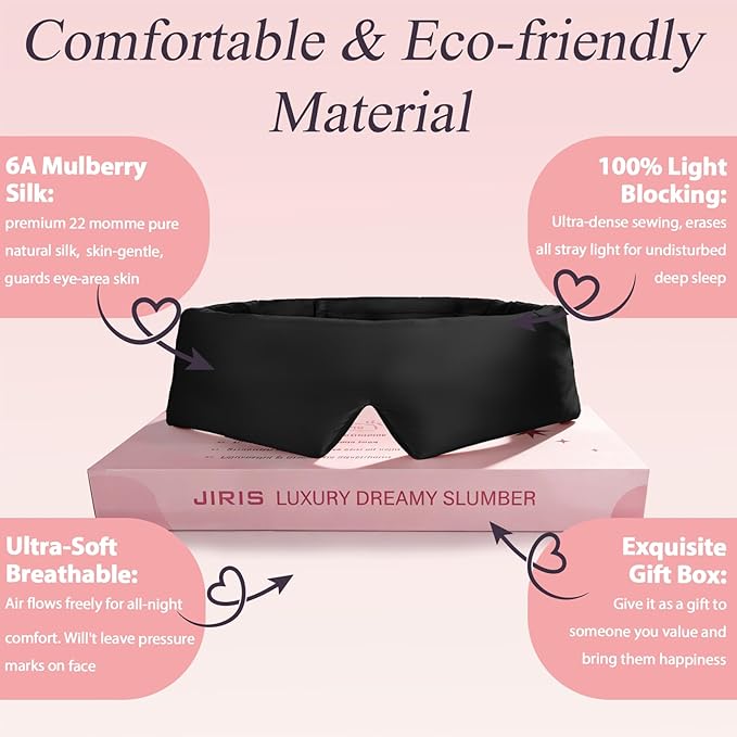 Silk Sleep Eye Mask for Side Sleeper Men Women, Eye Mask Sleeping 100% 22 Momme Pure Mulberry Silk for Night Sleep,Travel, Face-Hugging Padded Eye Cover for Sleeping with Adjustable Band-Black