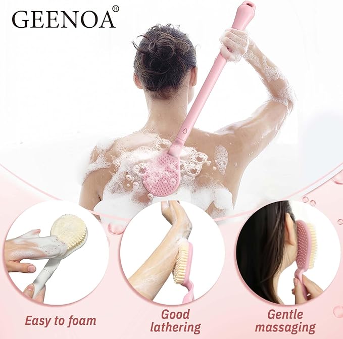 Back Scrubber for Shower, 19’’ Detachable Long Handle Shower Body Scrubber for Wet or Dry Brush, Adjustable 2-in-1 Back & Body Brush with Medium Soft Bristles for Deep Cleaning(Pink)