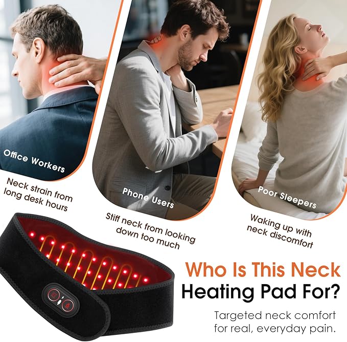 Cordless Neck Massager with Heat, Red Light Therapy for Neck, Neck Heating Pad for Pain, Heated Neck Wrap, 660nm 850nm, FSA Eligible HSA, Heated Neck Massager, 3000mAh Battery, Black