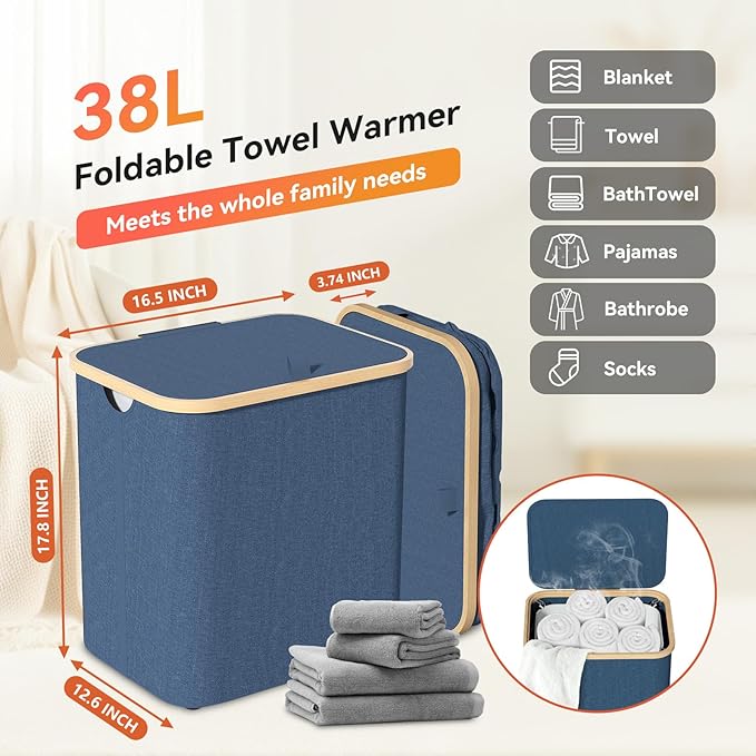 Towel Warmer & Laundry Basket 2-IN-1, Foldable Towel Warmer for Bathroom with Removable Heating Bag, 20/40/60Mins Fast Heating, Auto Shut-Off, Portbale Towel Warmer Fits 3 Large Towels Blankets - Blue