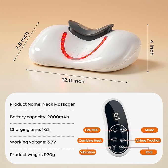 4-in-1 Shiatsu Neck & Back Massager with Heat, Vibration, EMS & Airbag Traction, Portable Cordless Electric Massage Pillow Ergonomic Design for Deep Tissue Pain Relief Muscle Relax
