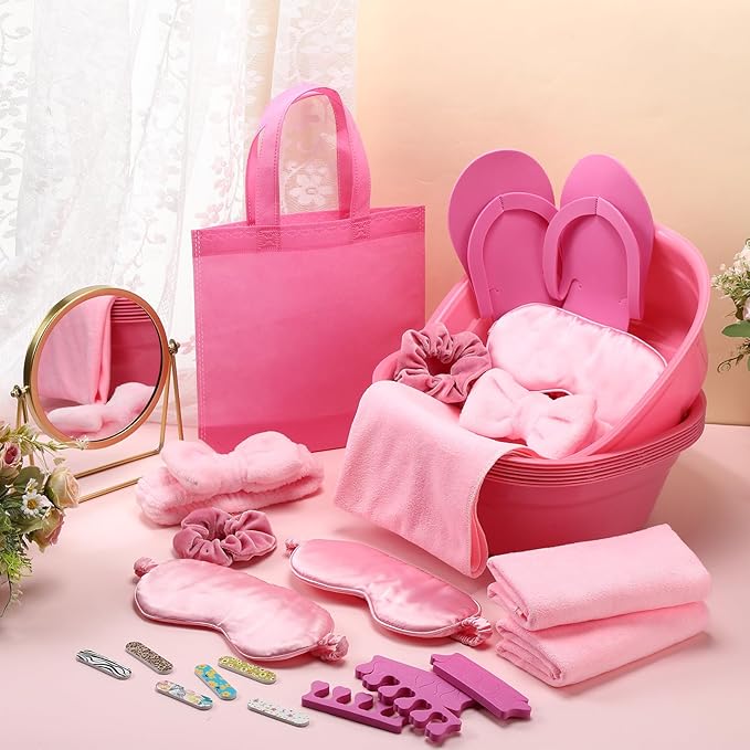 Thiccywoov 54Pcs Kids Foot Spa Party Supplies for Girl Spa Party Favors 6 Washbasin 6 Tote Bags 6 Hand Towels 6 Toe Separators 6 Hair Scrunchies 6 Hairband 6 Slipper 6 Eye Mask 6 Nail File (Pink)