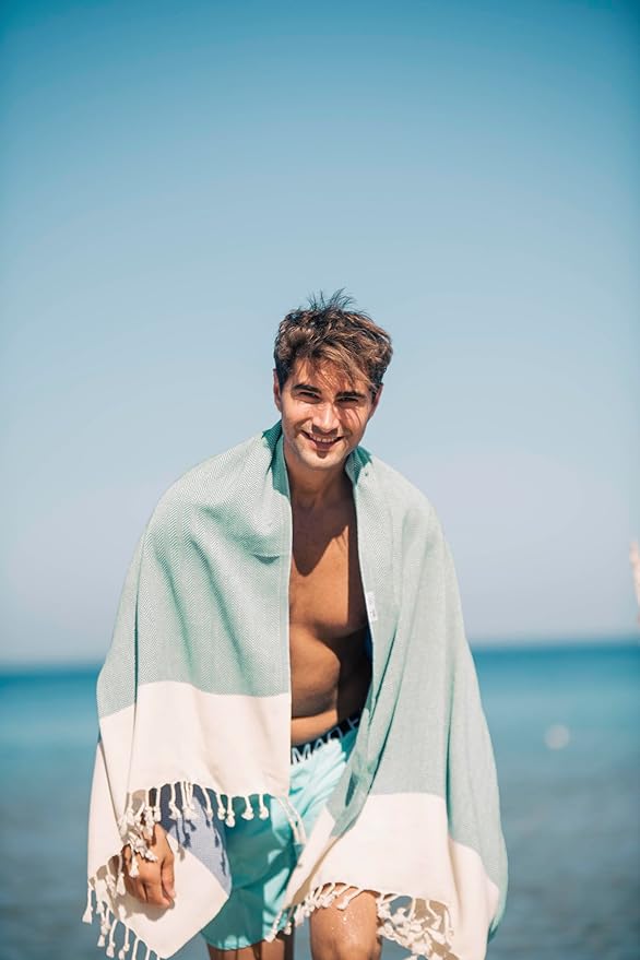Bazaar Anatolia Turkish Beach Towel 100% Cotton Bath Towels 71x39 Quick Dry Sand Free Lightweight Large Oversized Herringbone Teal Mint