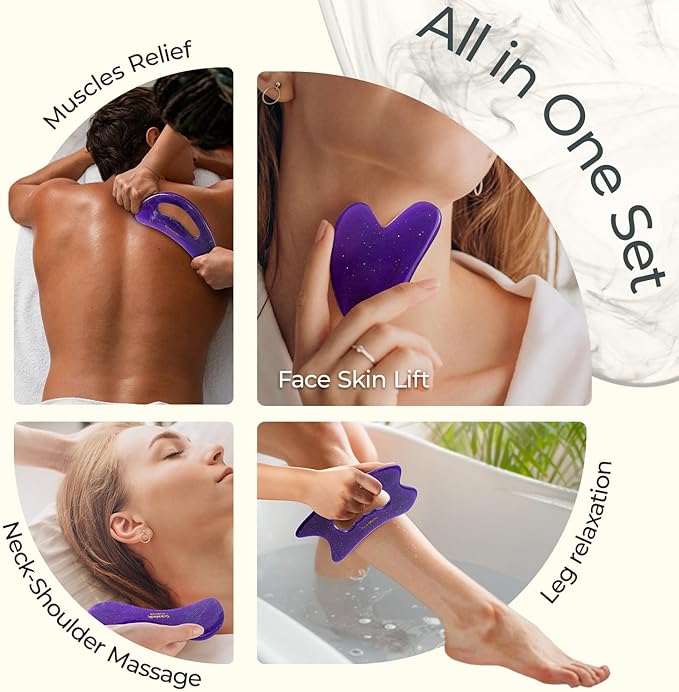 Scienlodic 4 Pcs Gua Sha Massage Tools for Face & Body (Purple, Resin) - Guasha Scraping Tool for Jawline Contouring, Puffiness Reduction, Neck, Back, Legs & Muscle Relaxation