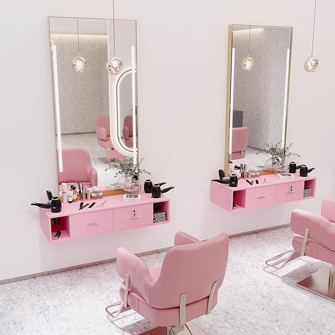 OmySalon Locking Wall Mount Styling Station, Beauty Barber Spa Equipment, Salon Cabinet Station for Hair Stylist,Bathroom Dresser with 5 Hair Dryer Holders,Pink