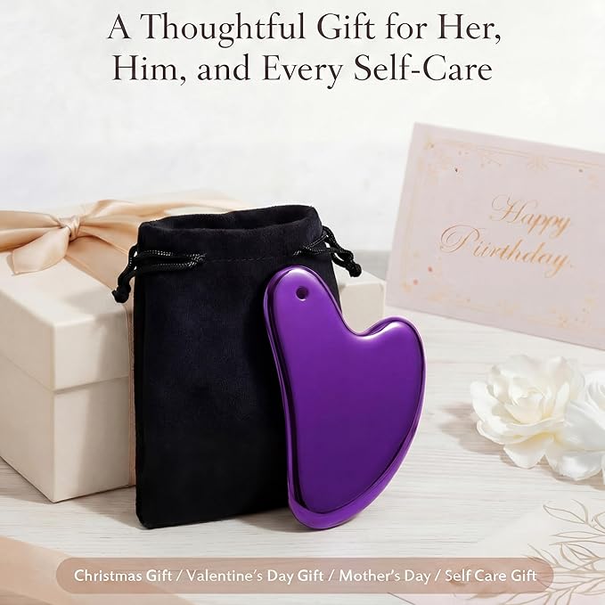 Nuanchu Stainless Steel Gua Sha Facial Tool, Metal Gua Sha for Lymphatic Drainage, Guasha Face Sculpting Double Chin Reduce with Pouch Mother Day Self Care Gift(Purple)