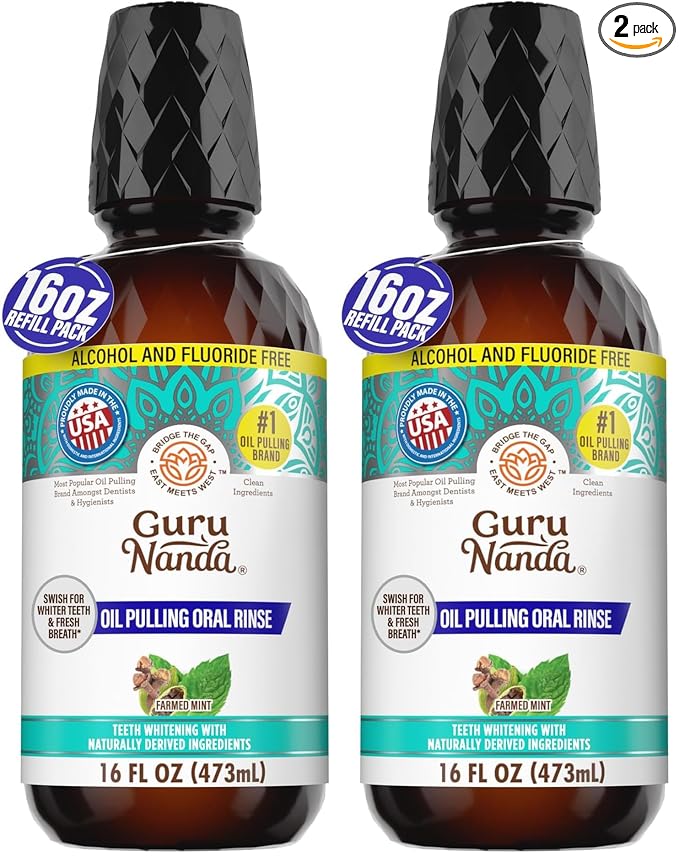 GuruNanda CocoMint Oil Pulling Mouthwash for Complete Oral Hygiene, 7 Essential Oils & Vitamins for Happy Teeth & Gums & Fresh Breath, Alcohol-Free, 16 oz (Pack of 2)