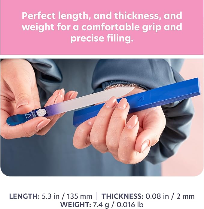 Bona Fide Beauty Glass Nail File with Case, Aqua Cobalt Czech Glass Fingernail Files Handcrafted from the EU. Ideal Nail Care Tool for Natural Nails.