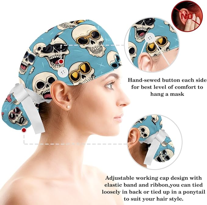 Scrub Caps Women Ponytail Cute Pink and White Leaves Caps Bouffant Working Hat Elastic Tie Back Hats with Button