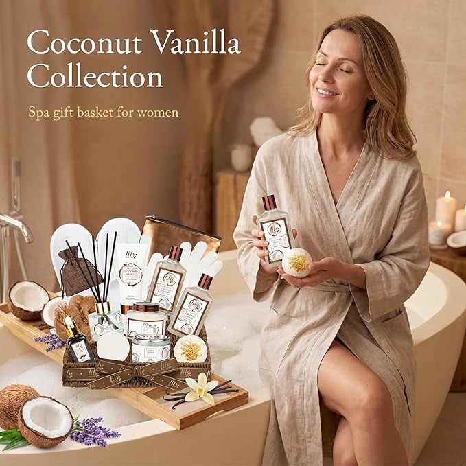 Mother's Day Gift Basket for Mom, Spa Gift Basket for Women, Gifts for Women, Coconut Vanilla Bath and Body Spa Gifts for Women & Men, Spa Gift Set Designed for Fathers Day, Birthday, Christmas Gifts