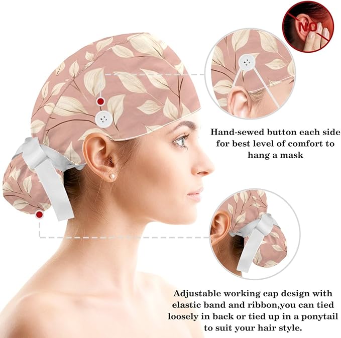 Scrub Caps Women Ponytail Cute Pink and White Leaves Caps Bouffant Working Hat Elastic Tie Back Hats with Button