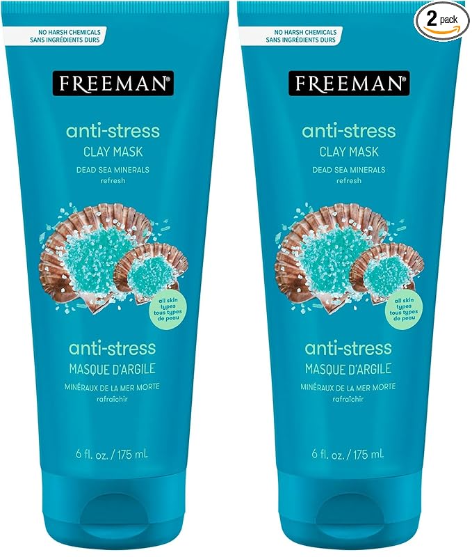 FREEMAN Dead Sea Minerals Anti-Stress Clay Facial Mask, Hydrating & Clarifying, Clears Pores, Face Mask With Lavender & Bergamot For Radiant Skin, Skin Types, 6 fl. oz./175 mL Tube (Pack of 2)