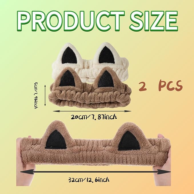 2 PCS Cute Cat Ear Spa Headband For Washing Face, Skincare Makeup Headbands For Women, Soft Coral Fleece Hair Accessories (Beige+ Khaki)