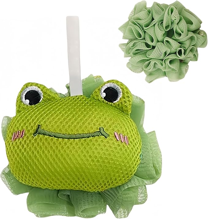 Kids Loofah, Cute Cartoon Animal Kids Bath Sponge with Hanging Rope, Soft Double Mesh for Rich Lather (Green Frog)