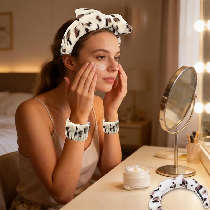 Beige Leopard Spa Headband and Wristband Set, 6 PCS Microfiber Skincare Hair Band with Bow & Cloud Design, Soft Elastic Face Washing Accessories for Makeup