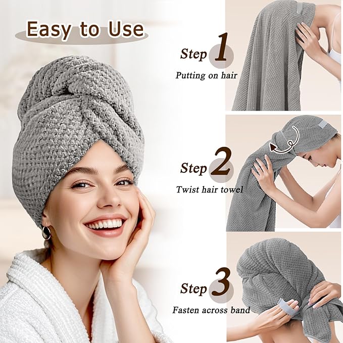 Microfiber Hair Towel Wrap for Women, Quick-Dry Turban, Ultra Absorbent & Anti-Frizz, Ideal for Long, Thick & Curly Hair, Soft Lightweight Drying Towel (24x42, Grey)