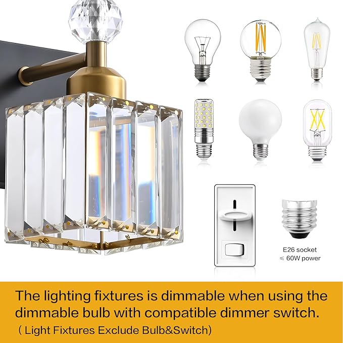 PRESDE Crystal 2 Light Bathroom Vanity Lights Black and Gold Bathroom Lights Fixtures Over Mirror Modern Bedroom Hallway