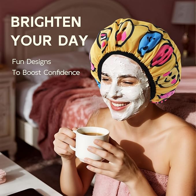 Years Calm Waterproof Shower Cap for Women - Double Sided Design for Long Thick Hair, Secure Fit & Flexible Elastic Band, Reusable Bath Cap for Shower, Spa, Travel (Mood Switch 6)