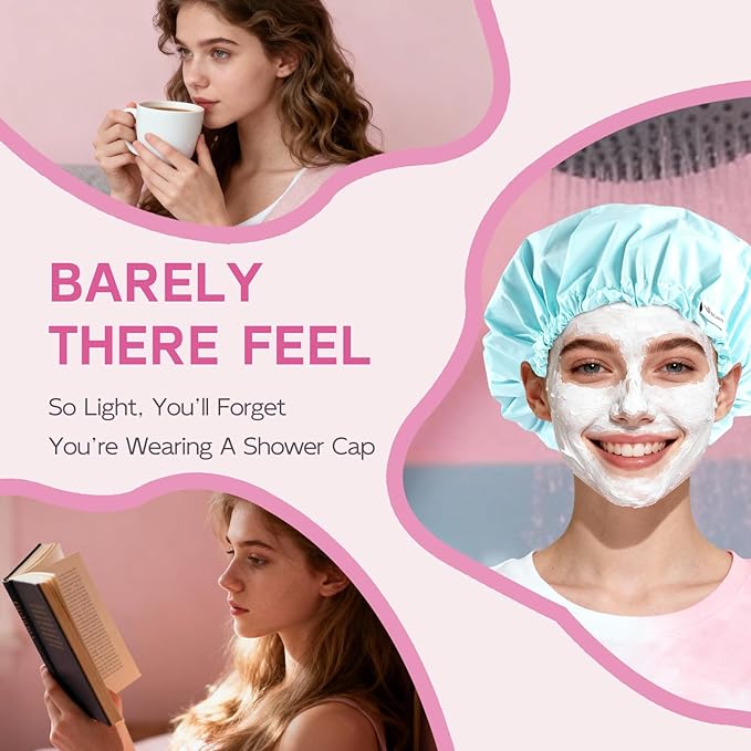 Years Calm Shower Cap for Women Waterproof Reusable – 27g Ultra Lightweight Double-Layer Shower Bonnet, Secure Fit for Long, Curly Hair, Travel & Spa (Blue)